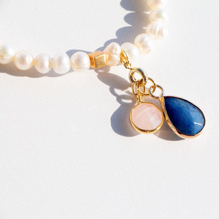 Native Essentials DAO • Pearl Bracelet with Pendants 17 cm | 7'' (approx) / AA grade Freshwater Pearls / Pink Quartz + Blue Adventurine
