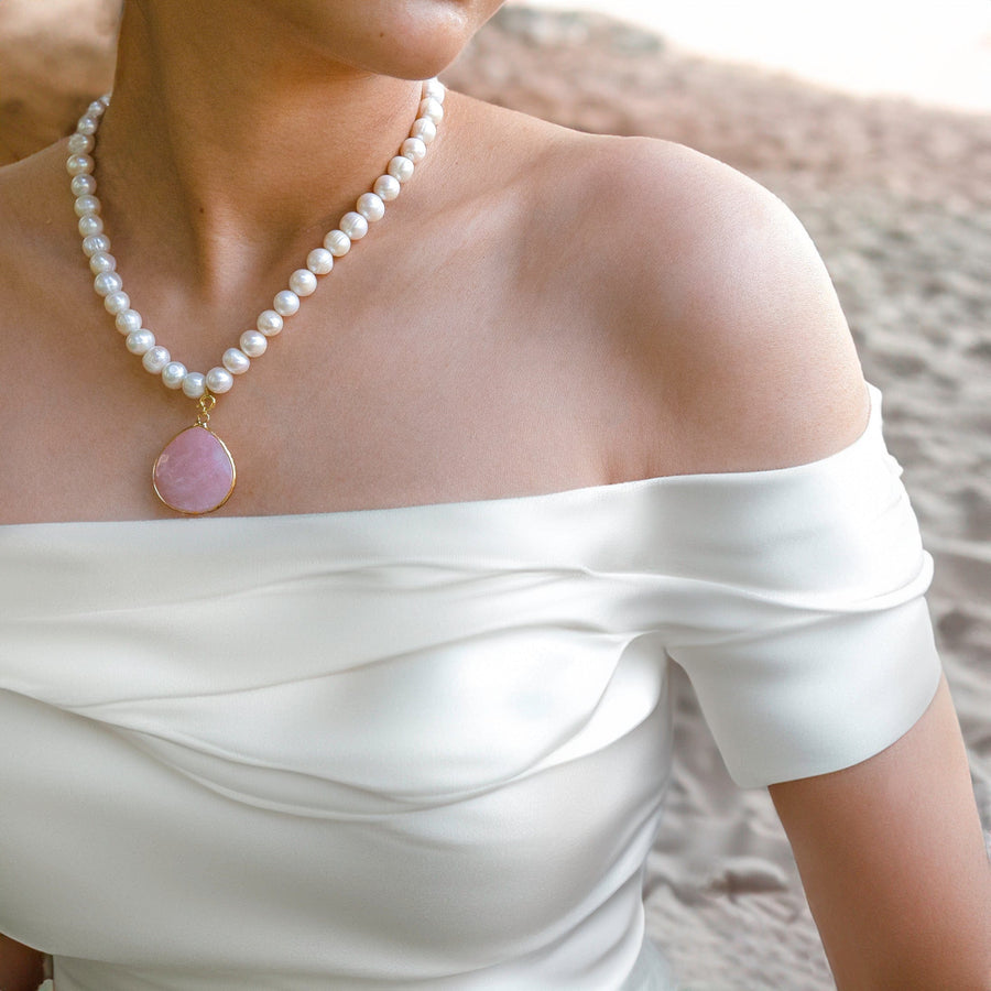 Native Essentials LUZ • Choker Pearl Necklace with Pendants 40cm |15.5" + 4cm | 1.5" stone pendant / AA grade Freshwater Pearls / Pink Quartz + Blue Aventurine