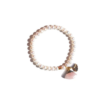 Native Essentials TAJ • Pearl Bracelet with Charms 17 cm | 7'' (approx) / AA grade Freshwater Pearls / Pink Quartz + Gold-Plated Silver 925